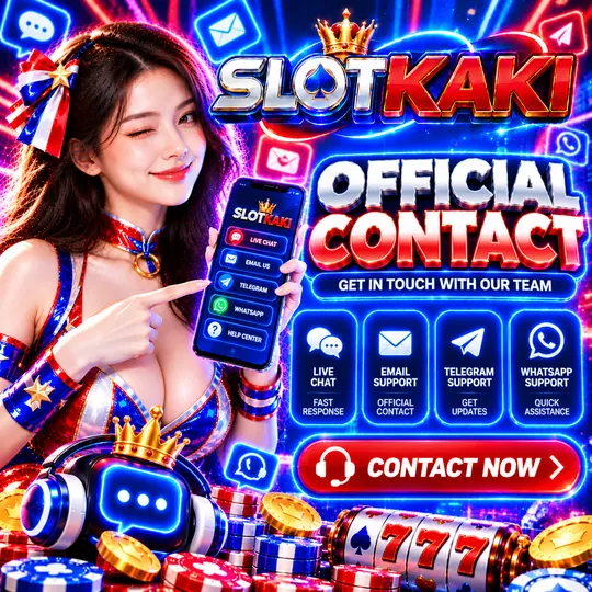 SLOTKAKI hubungan rasmi – banner merah, putih dan biru: ikon WhatsApp, Telegram dan e-mel