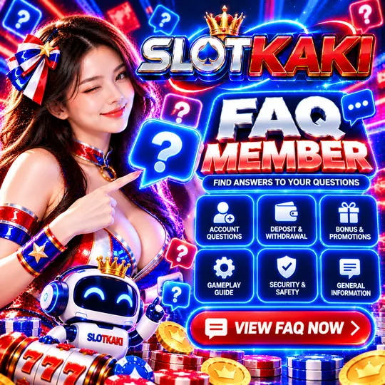 SLOTKAKI member FAQ – banner red, white and blue: question marks and a list of questions