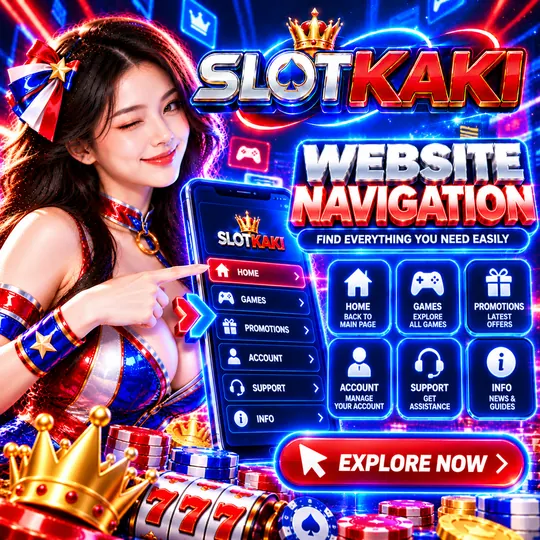 SLOTKAKI navigasi laman – banner merah, putih dan biru: menu laman dan ikon carian